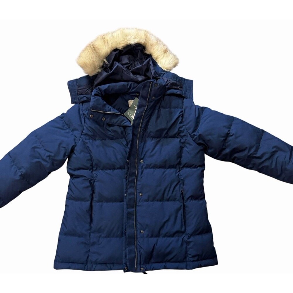 NEW L.L.Bean Ultrawarm Hooded Faux Fur Trim Down Coat Navy Blue ski Snow puffer